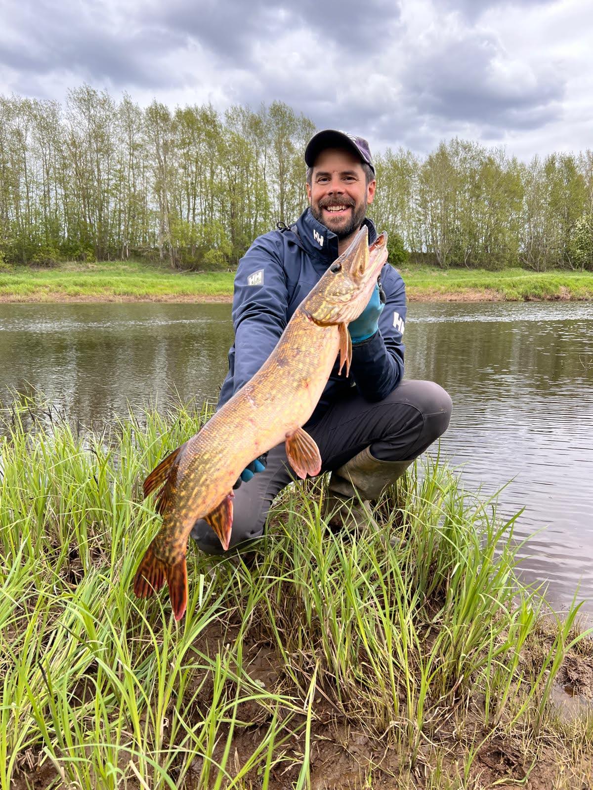 Guide with a trophy northern pike on a Finnish lake shore